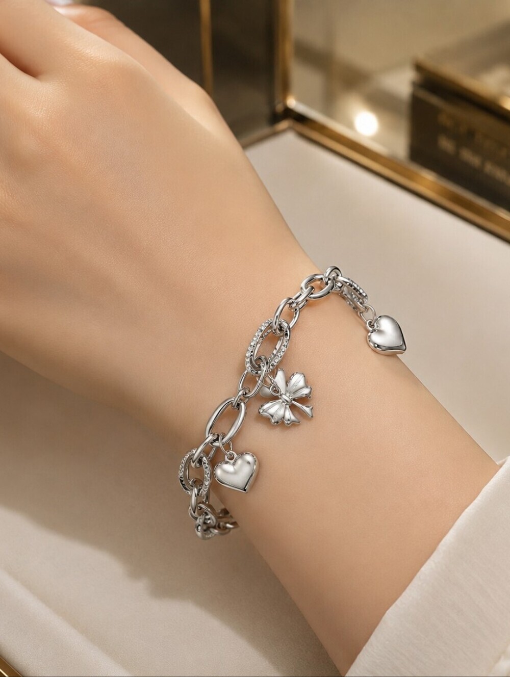 Silver Heart & Bow Charm Bracelet